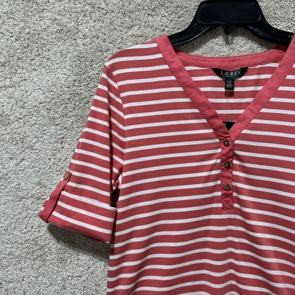 Lauren Ralph Lauren Shirt NWT Women's Large Orange Nautical Striped V Neck Top - Picture 2 of 9